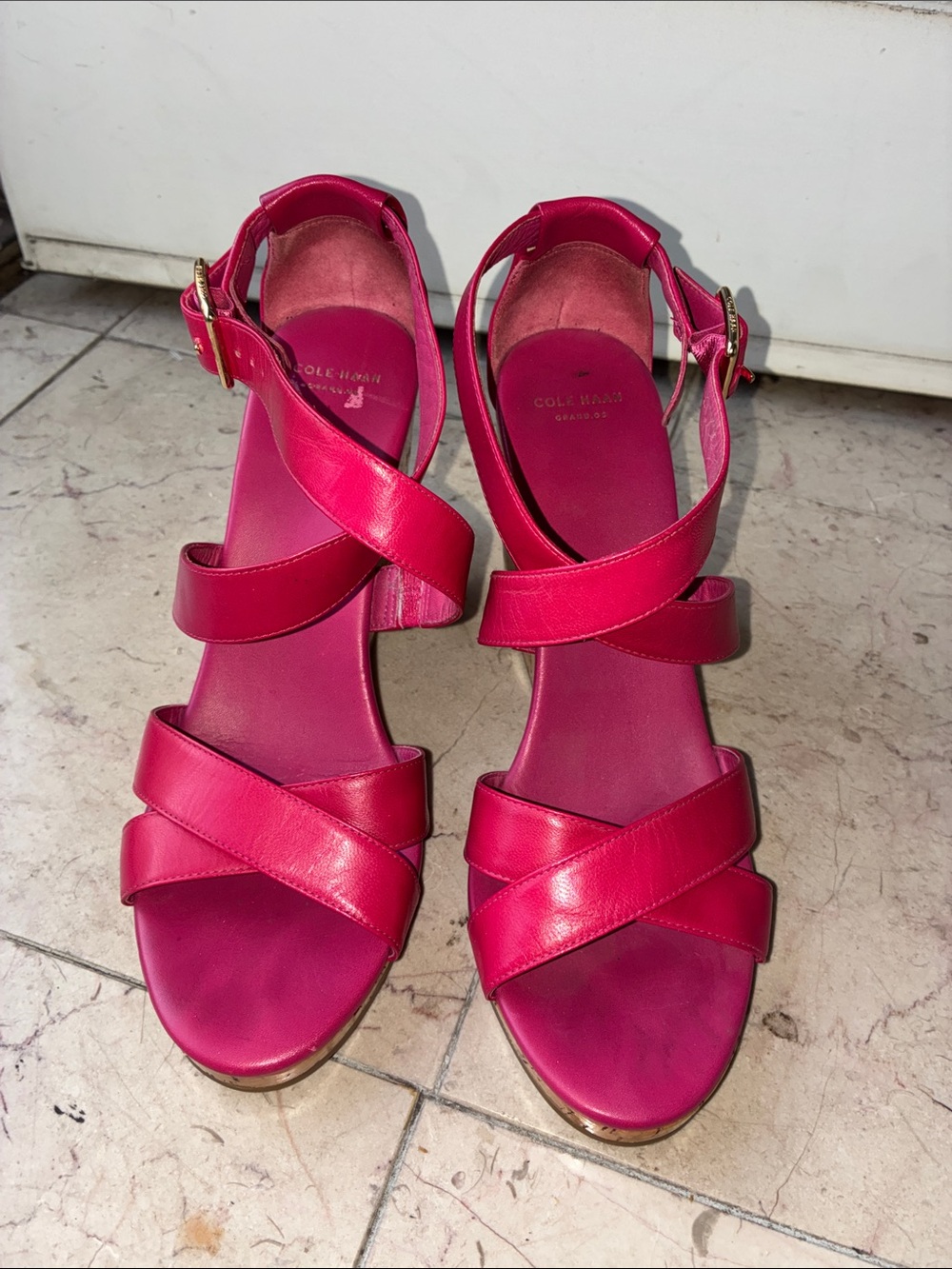Cole Haan Fuchsia Leather Strappy Wedge Sandals